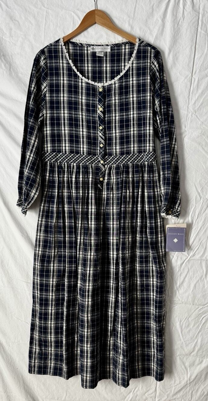 NWT Eileen West Nightgown Cotton Seersucker Navy Plaid Size M Granny Cottagecore